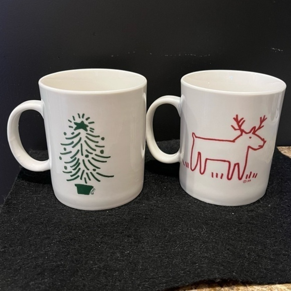 Crate&Barrel Christmas Tree and Reindeer Holiday Mug Set by Trish Richman 16 oz.